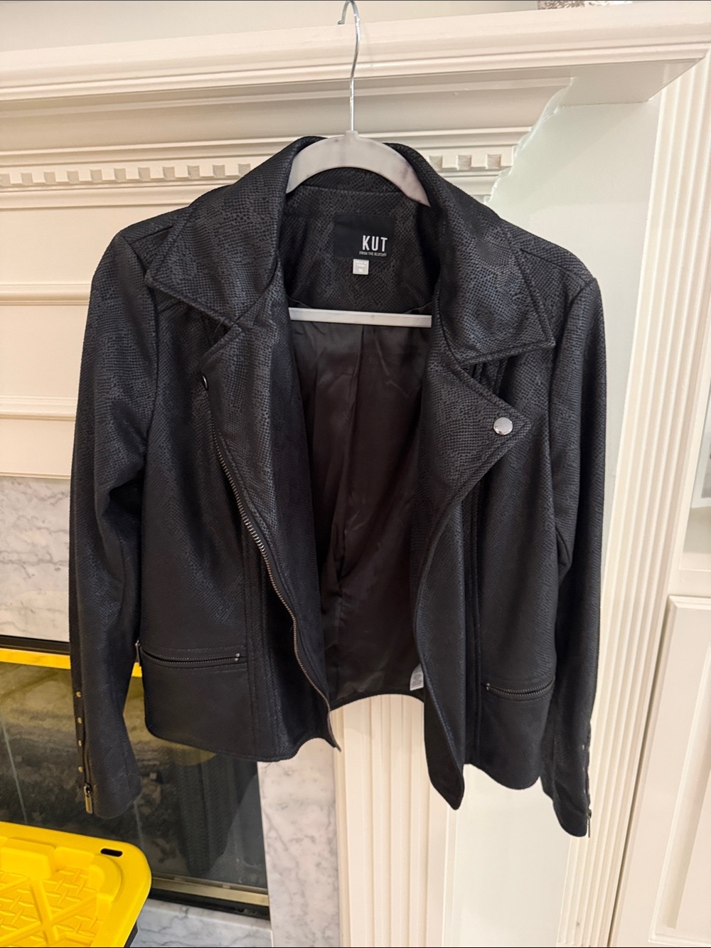 Kut from the Kloth Black Faux Leather Moto Jacket with Textured Finish